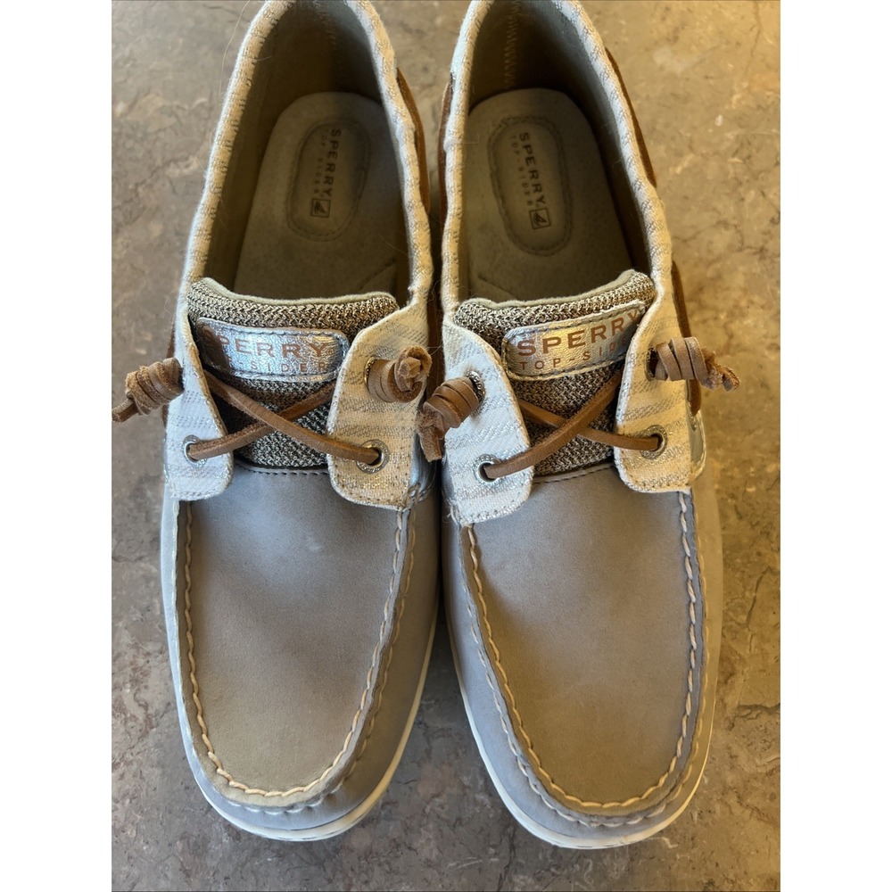 Sperry‎ Top-Sider Grey Glitter Stripes Leather Boat Shoe Brown Laces Size 10M